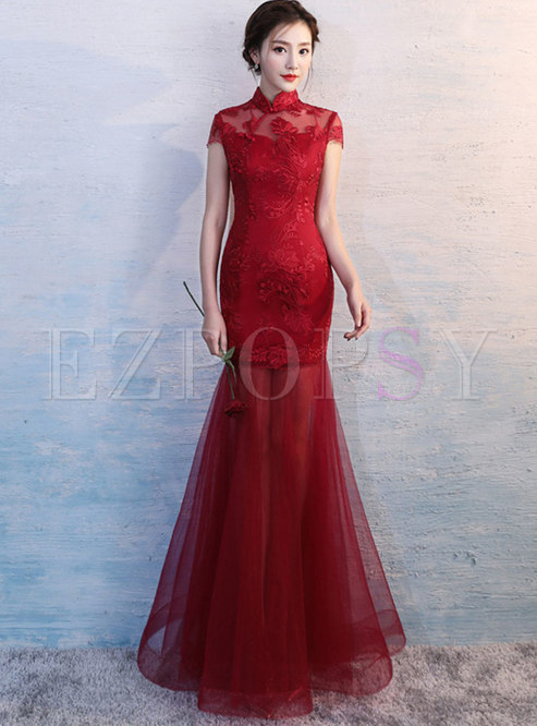 Elegant Mesh Splicing Mandarin Collar Slim Prom Dress