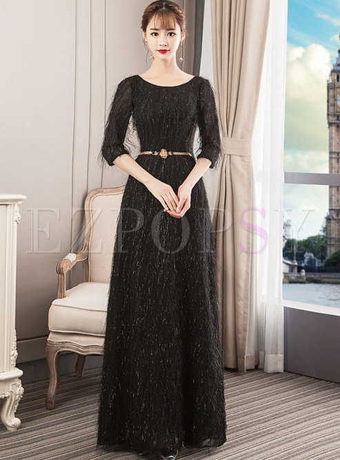 Elegant Black O-neck Belted Slim Banquet Dress