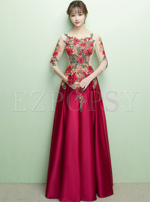 Chic Embroidered Gathered Waist Maxi Dress For Wedding