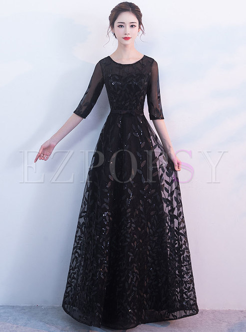 Stylish Black Half Sleeve Bowknot Evening Dress