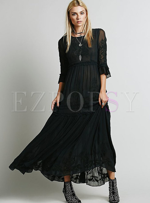 Bohemia Black Embroidered Maxi Wedding Dress