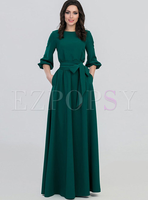Crew Neck Party Maxi Dress With Belt