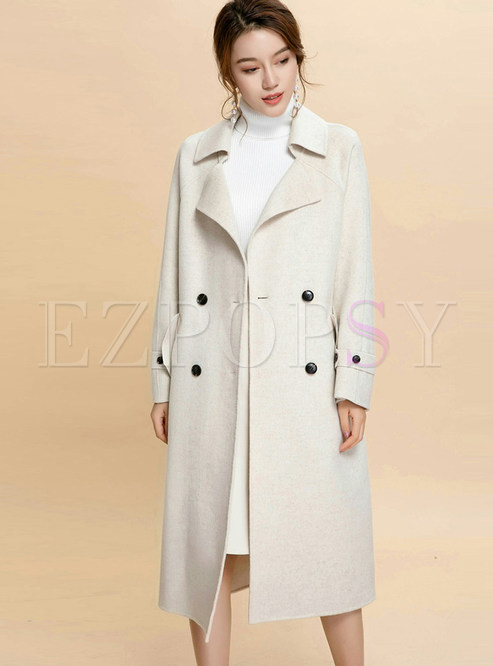 Notched Long Sleeve Tie-waist Cashmere Overcoat