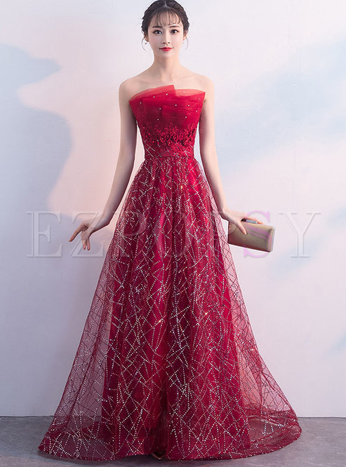 Stylish Bandeau High Waist Prom Dress With Sequins