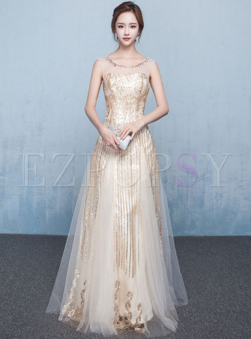 Gold Sleeveless Gauze Maxi Evening Dress With Sequins