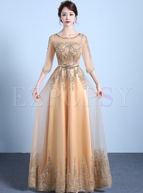 Trendy Mesh Splicing Drilling Lace Prom Dress