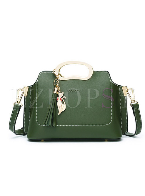 Stylish Green Zipper Pocket Handle & Crossbody Bag With Fringed 