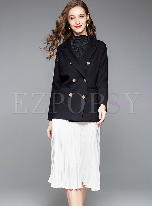 Trendy Black Double-breasted Slim Blazer & White Pleated Skirt