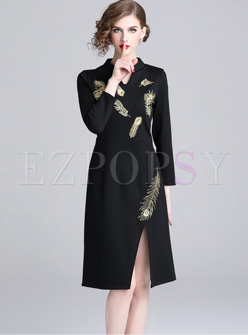 Fashion V-neck Long Sleeve Embroidered Slit Dress