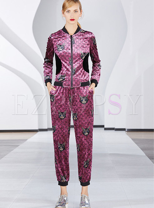 Trendy Purple Grid Short Coat & High Waist Elastic Pants