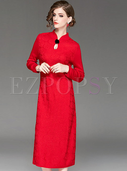 Fashion Red Mandarin Collar Long Sleeve Sheath Wedding Dress