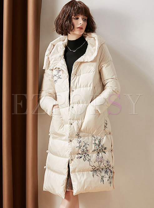 Print Hooded Single-breasted Straight Puffer Coat