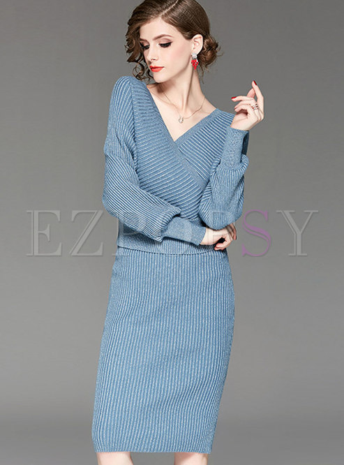 Stylish Winter V-neck Long Sleeve Sweater & High Waist Sheath Skirt