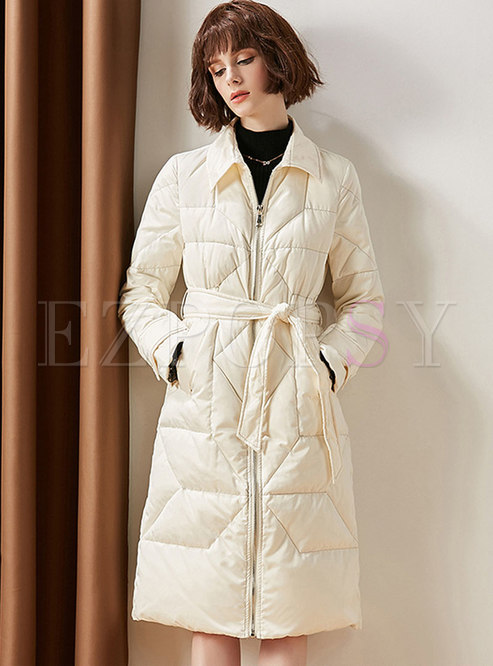 Solid Color Geometric Pattern Belted Down Coat