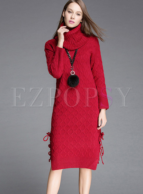High Neck Slim Asymmetric Drawstring Knitted Dress