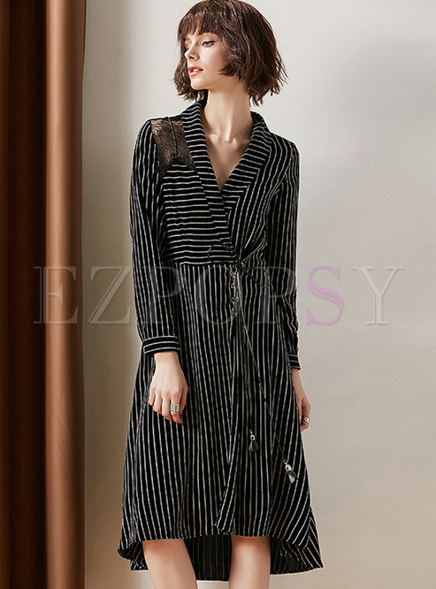 Lace Splicing Hollow Out Striped Asymmetric Dress