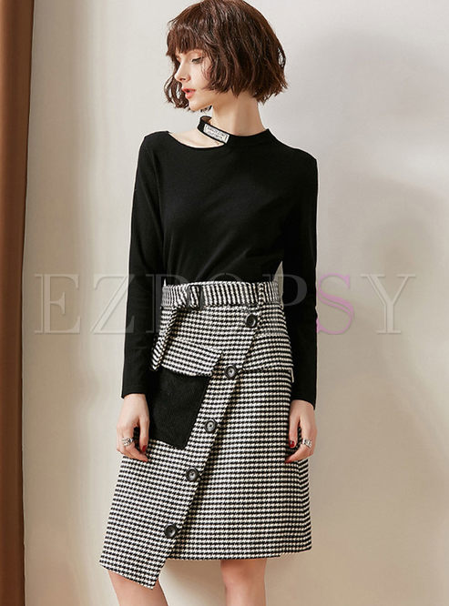 Chic Hollow Out Slim Sweater & Grid Belted Asymmetric Skirt