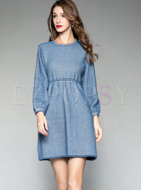 O-neck Long Sleeve Drawstring Striped Knitted Dress