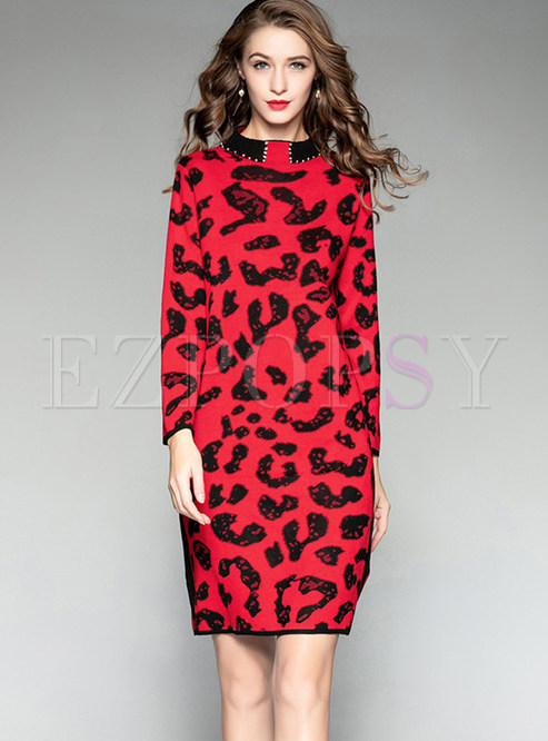 Fashion Loose Beaded Slit Wool Knitted Dress