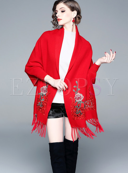 Fashion Ethnic Red Embroidered Knitting Sweater