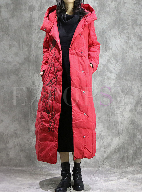 Winter Hooded Embroidered Long Down Coat