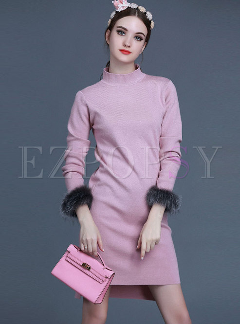 Chic Fur Splicing High Neck Asymmetric Knitted Dress