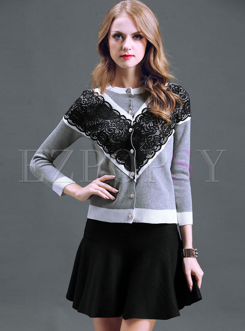 Lace Splicing O-neck Single-breasted Cardigan & Black A Line Mini Skirt