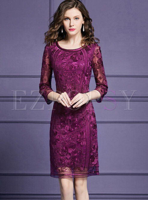 Winter Purple Crew-neck Embroidered Lace Hollow Out Dress