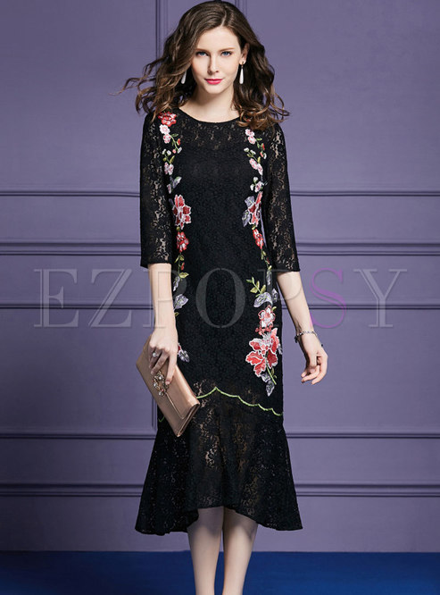 Winter Three Quarters Sleeve Lace Patchwork High-low Dress
