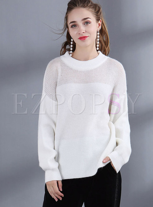 White Lantern Sleeve Hollow Out Loose Sweater
