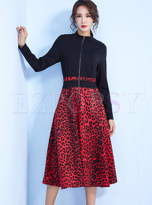 Color-blocked Slim Waist Leopard Print Dress