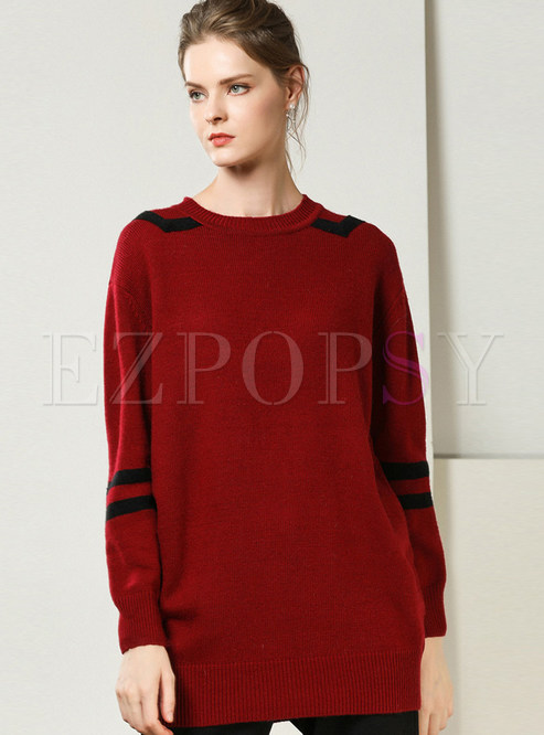 Brief Color-blocked O-neck Casual Bottoming Sweater