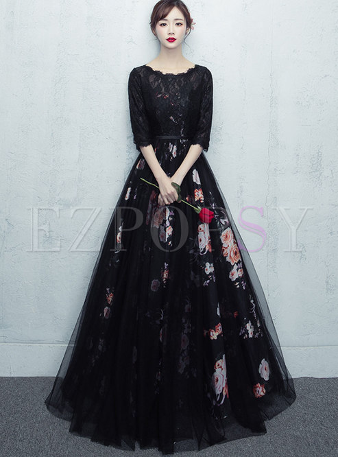 Elegant Lace Splicing Print High Waist Maxi Party Dress