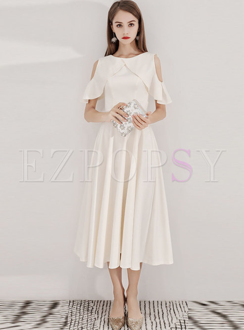 Elegant White Off Shoulder High Waist Prom Dress