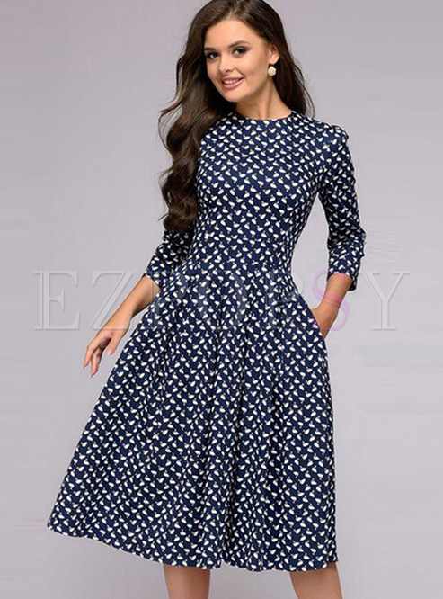 Dresses | Skater Dresses | Navy Elegant Print High Waist Slim A Line Dress