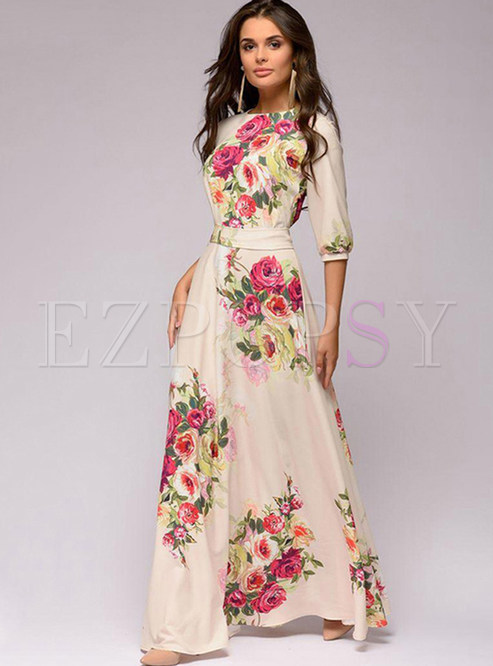 Dresses | Maxi Dresses | Fashion O-neck Lace Sleeve Casual Print Maxi Dress