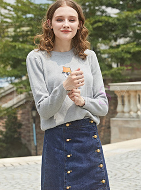 Casual Grey Cartoon Embroidery Pullover Sweater
