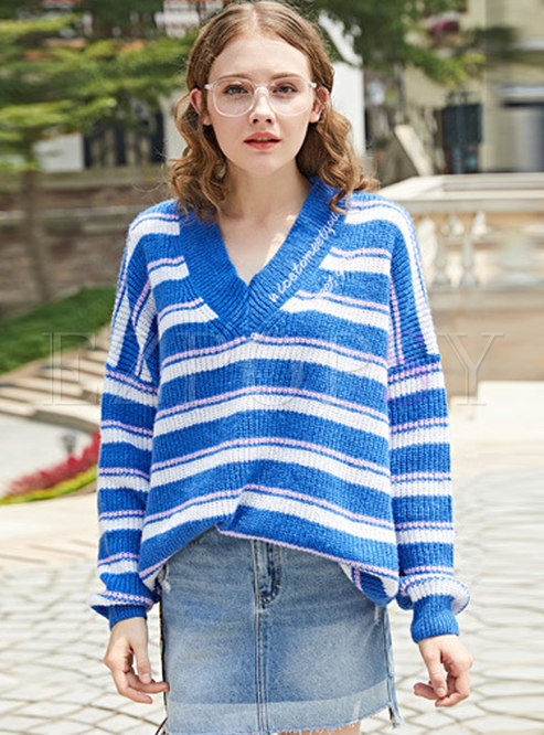 Brief Blue V-neck Striped Knitted Loose Sweater