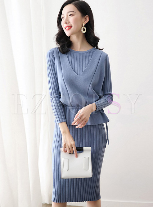 Solid Color Elastic Sweater & Knitted Bodycon Skirt