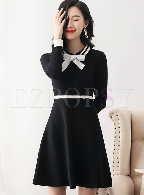 Color-blocked Bowknot Lapel Knitted Skater Dress