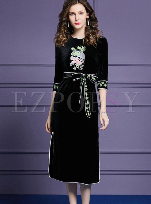 Black Three Quarters Sleeve Embroidered Belted Dress
