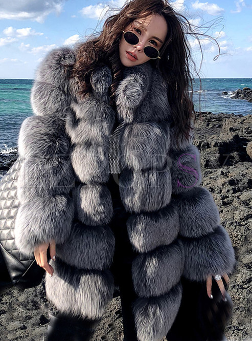 Grey Loose Hooded Paneled Faux Fur Coat