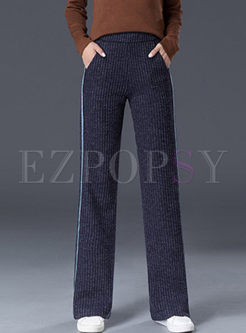 Elastic Waist Striped Knitted Flare Wide Leg Pants