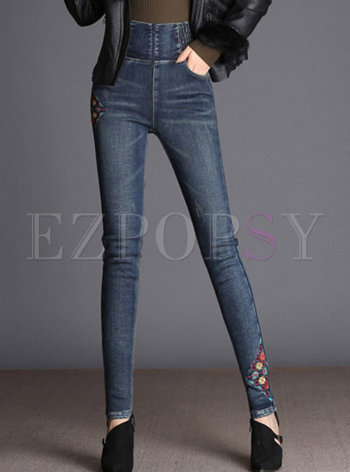 High Waist Thicken Embroidered Plus Size Decoration Pants
