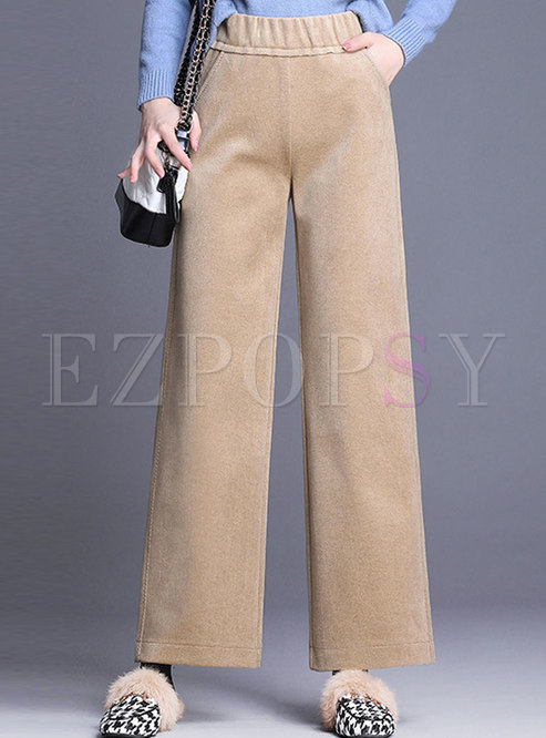 Trendy Elastic Waist Top Stitched Woolen Wide Leg Pants