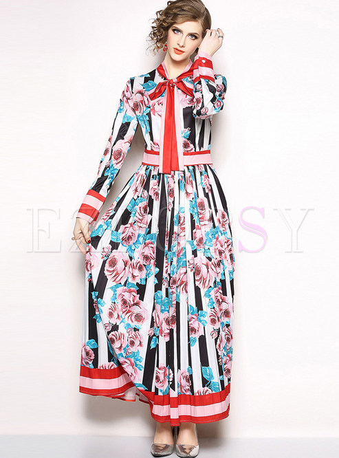 Standing Collar Long Sleeve Bowknot Floral Maxi Dress