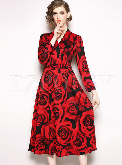 Elegant V-neck Long Sleeve Rose Print Skater Dress
