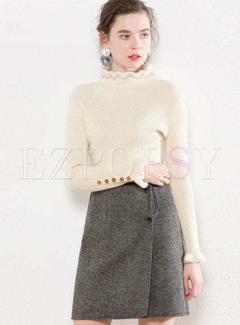 Apricot Ruffled Collar Slim Knitted Sweater
