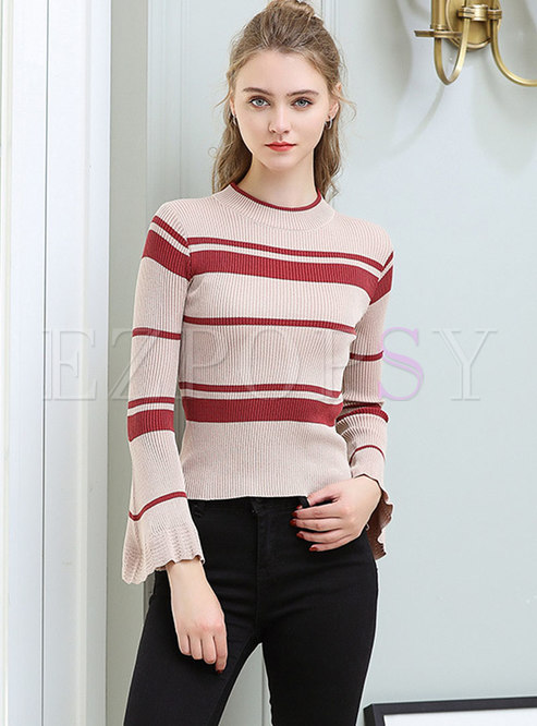Stylish Striped Flare Sleeve Slim Sweater