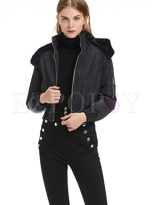 Casual Winter Black Hooded Straight Down Coat